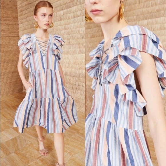Ulla Johnson Blue and Cream Striped Midi Leoni Dress - Picture 1 of 6